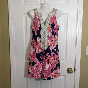 Lilly Pulitzer Floral Navy Gold Metallic Sleeveless Midi Shift Dress - size 0